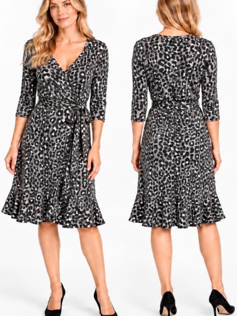 Leota Gray Leopard Faux Wrap Dress with Tie Waist & Ruffle Hem, Medium